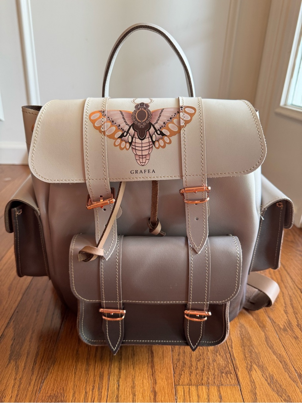 Grafea London Hari II Gray Leather Moth Backpack Rose Gold Buckles